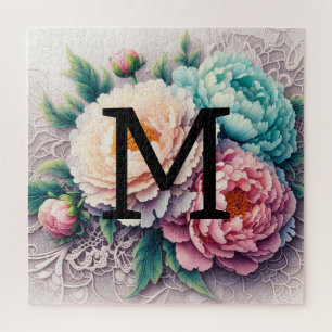 Puzzle Monogramme dentelle fleurie rose orangé bleu pivoi