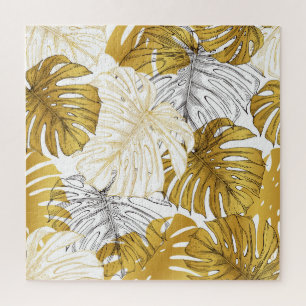 Puzzle Monstera Feuilles : Blanc doré