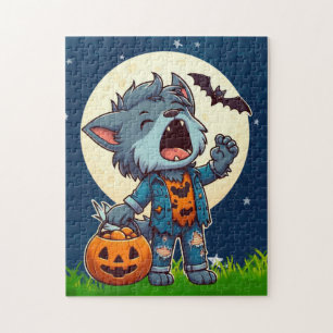 Puzzle Monstre de loup-garou mignon hurlant avec citrouil