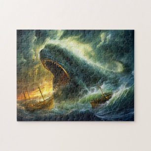 Puzzle Monstre marin émergeant des vagues, peinture de fa