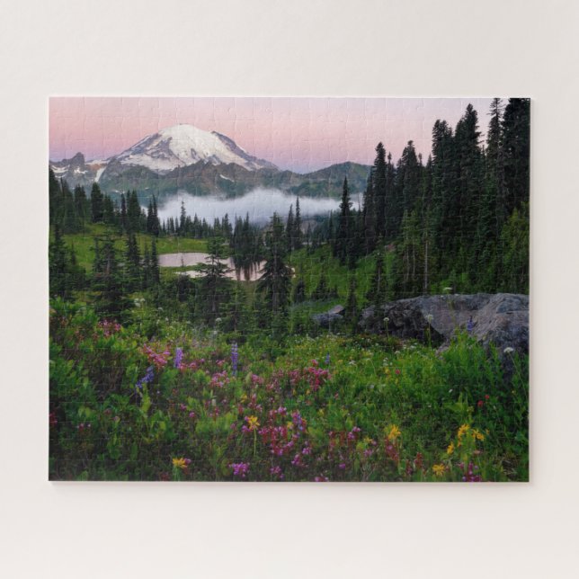 Puzzle Mont Rainier avec Fleurs sauvages d'été et lac (Horizontal)