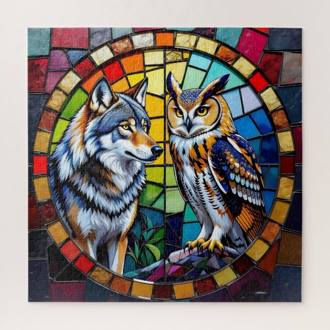 Puzzle Mosaic Wolf and Owl Vibrant Art (Vertical)