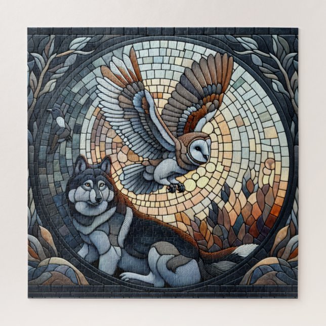 Puzzle Mosaïque de chouette et de loup Ai Art (Vertical)