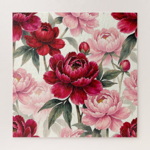 Puzzle Motif aquarelle floral de pivoine rouge foncé et r