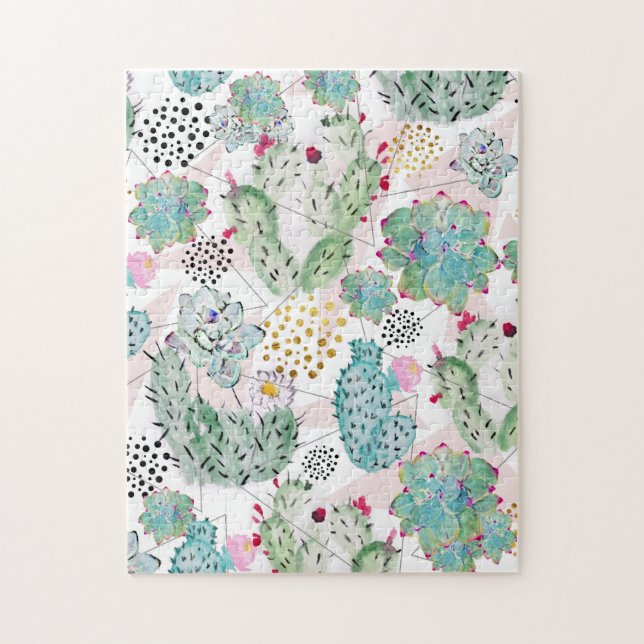 Puzzle motif de cactus et triangles aquarelle (Vertical)