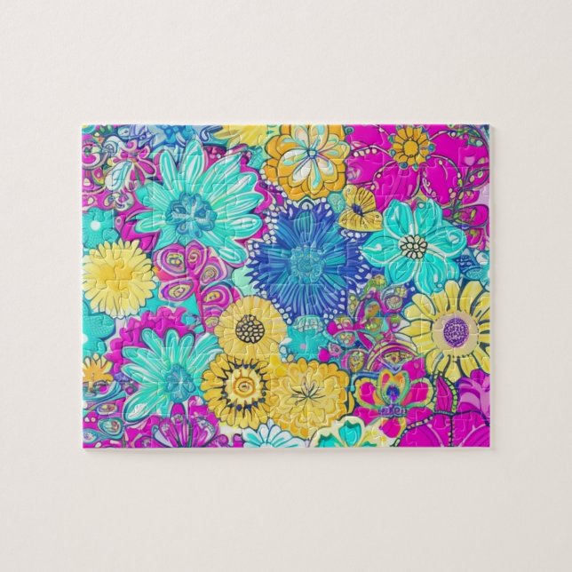 Puzzle Motif de fleurs violettes, bleues et jaunes (Horizontal)
