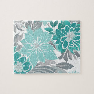 Puzzle Motif Floral, Aqua, Turquoise, Turquoise et Gris