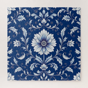 Puzzle Motif floral en porcelaine bleu marine