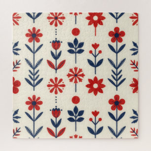 Puzzle Motif floral folklorique rouge et marine