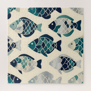 Puzzle Motif répétitif de poissons stylisés bleu sarcelle