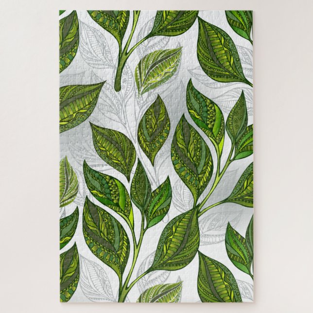 Puzzle Motif sans couture avec Feuilles de thé vert (Vertical)