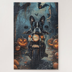 Puzzle Moto à cheval Boston Terrier Halloween effrayant