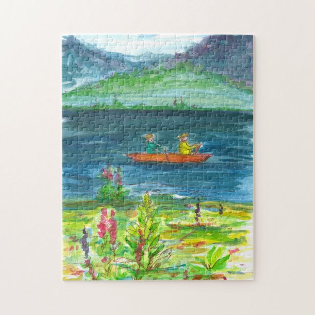 Puzzle Mountain Lake Kayak Bateau Aquarelle peinture (Vertical)