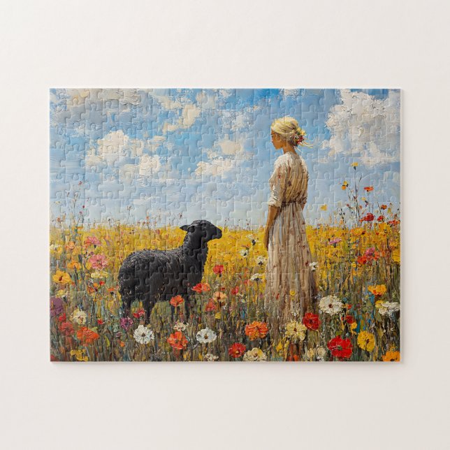 Puzzle Moutons et bergers avec Fleurs sauvages (Horizontal)