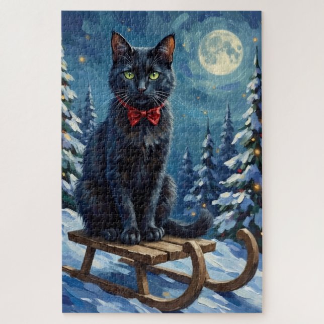 Puzzle Mystical Black Cat Enchanted Winter Sled Christmas (Vertical)
