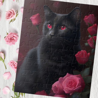 Puzzle Mystique chat noir et roses en fleurs