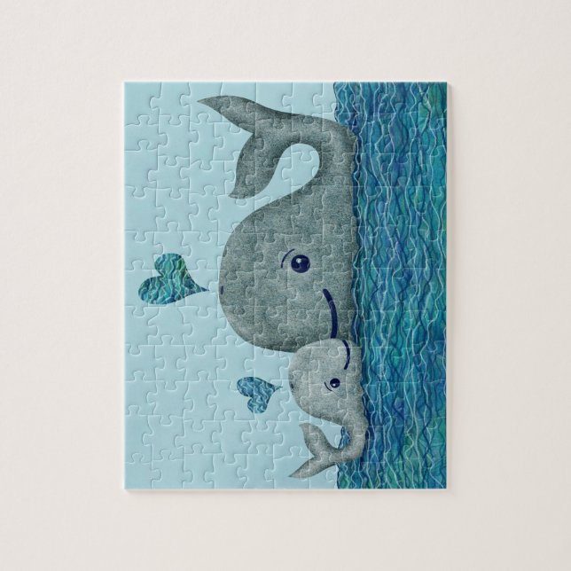 Puzzle Natation de maman et de bébé de baleine en mer (Vertical)
