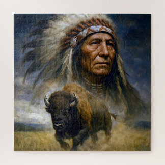 Puzzle Native American Chief with Charging Buffalo