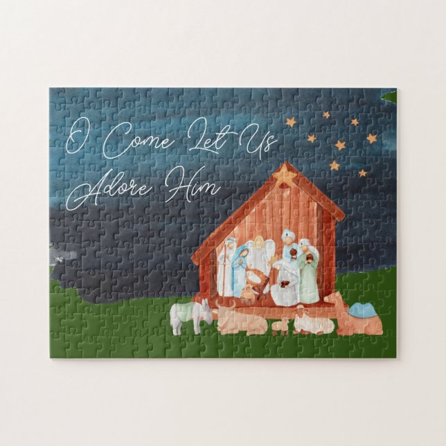 Puzzle Nativité Aquarelle Adore-Lui Noël Religieux (Horizontal)
