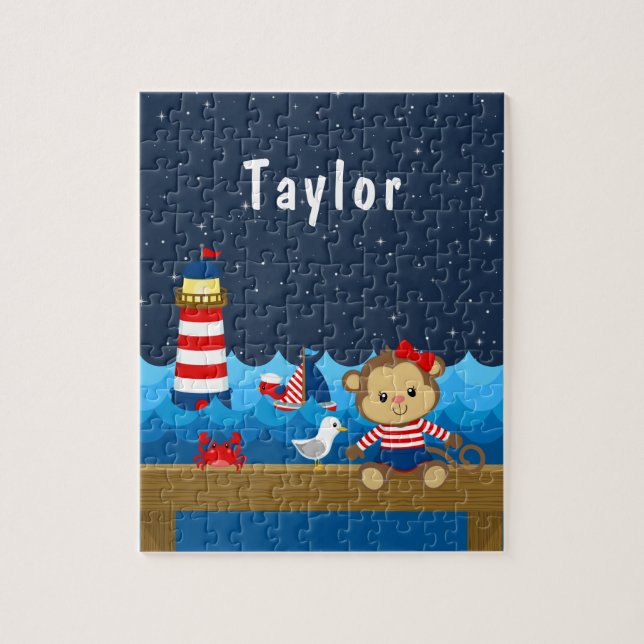 Puzzle Nautical Girl Monkey Rouge et Marine (Vertical)