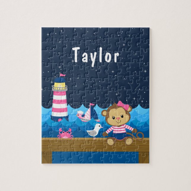 Puzzle Nautical Girl Singe rose et Marine (Vertical)