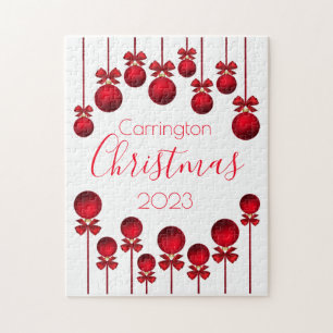 Puzzle Noël Année Rouge Ornements Rubans Script
