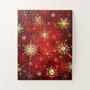 Puzzle Noël Golden Snowflakes sur Arrière - plan rouge