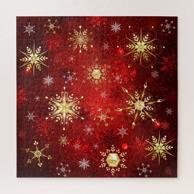 Puzzle Noël Golden Snowflakes sur Arrière - plan rouge (Vertical)