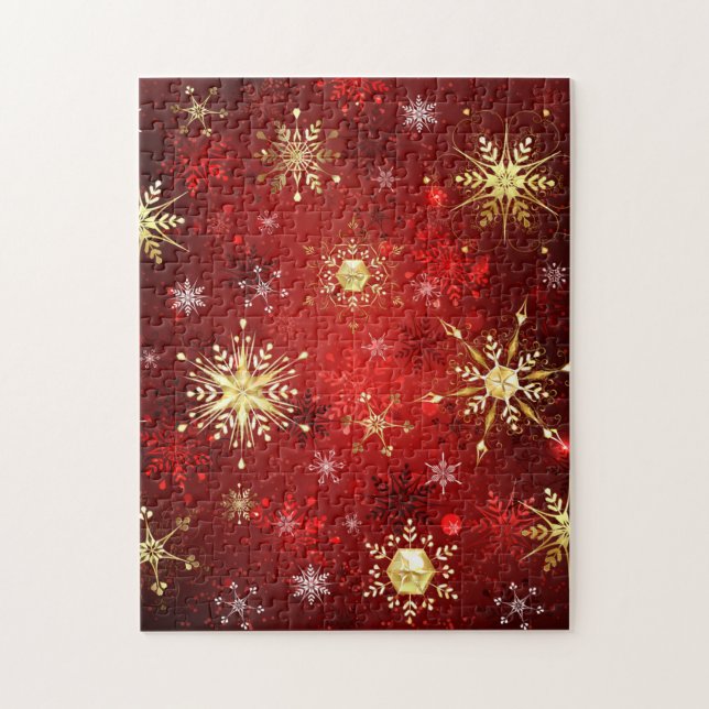 Puzzle Noël Golden Snowflakes sur Arrière - plan rouge (Vertical)