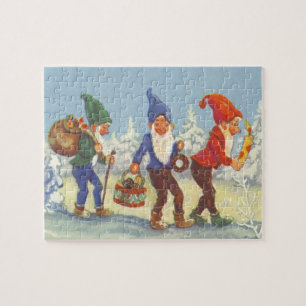 Puzzle Noël vintage, elfes dans la forêt de neige hiver