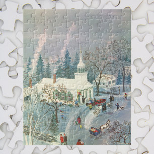Puzzle Noël vintage, Les gens vont à l'église en neige