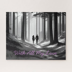 Puzzle Noir et blanc Romance Couple Silhouette en Forêt