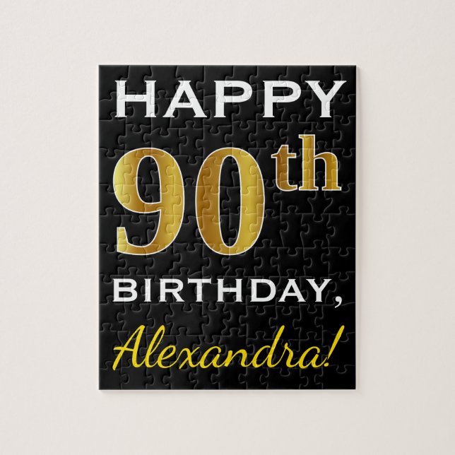 Puzzle Noir, Faux Gold 90e anniversaire + Nom personnalis (Vertical)