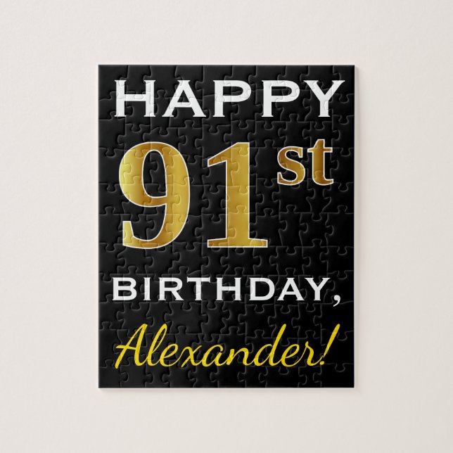 Puzzle Noir, Faux Gold 91ème Anniversaire + Nom personnal (Vertical)
