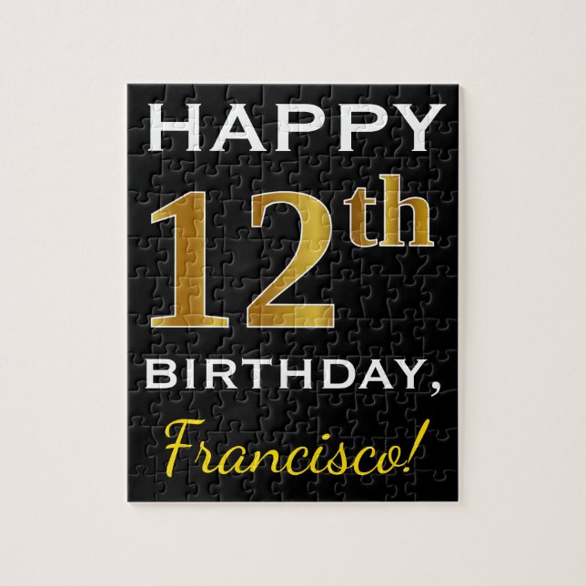Puzzle Noir, Faux Or 12e anniversaire + Nom personnalisé (Vertical)