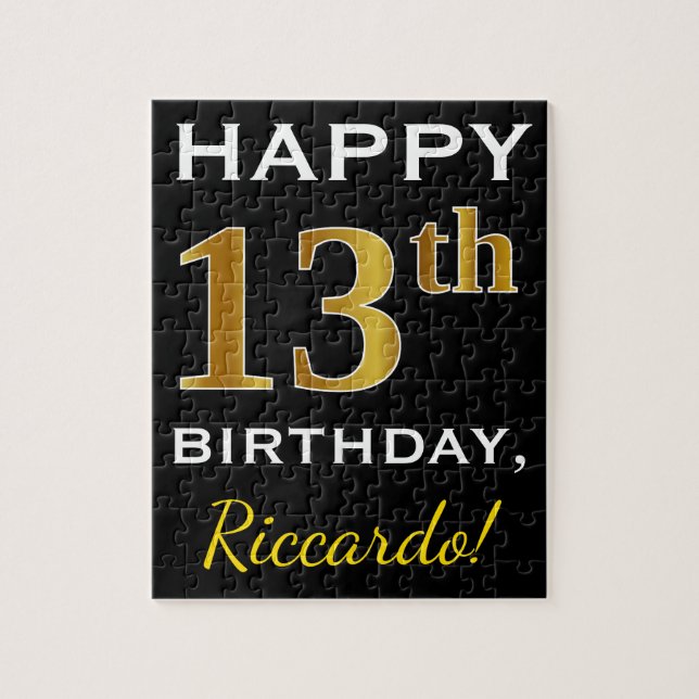 Puzzle Noir, Faux Or 13ème anniversaire + Nom personnalis (Vertical)