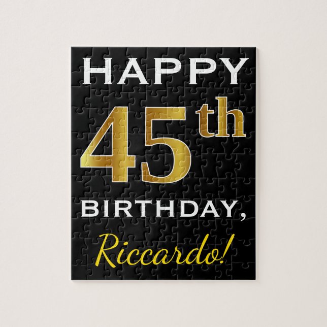 Puzzle Noir, Faux Or 45ème anniversaire + Nom personnalis (Vertical)