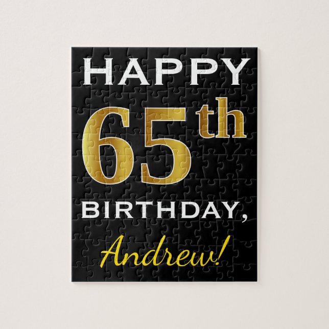 Puzzle Noir, Faux Or 65e anniversaire + Nom personnalisé (Vertical)