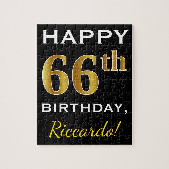 Puzzle Noir, Faux Or 66e anniversaire + Nom personnalisé (Vertical)