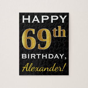 Puzzle Noir, Faux Or 69e anniversaire + Nom personnalisé