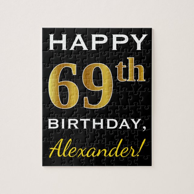 Puzzle Noir, Faux Or 69e anniversaire + Nom personnalisé (Vertical)