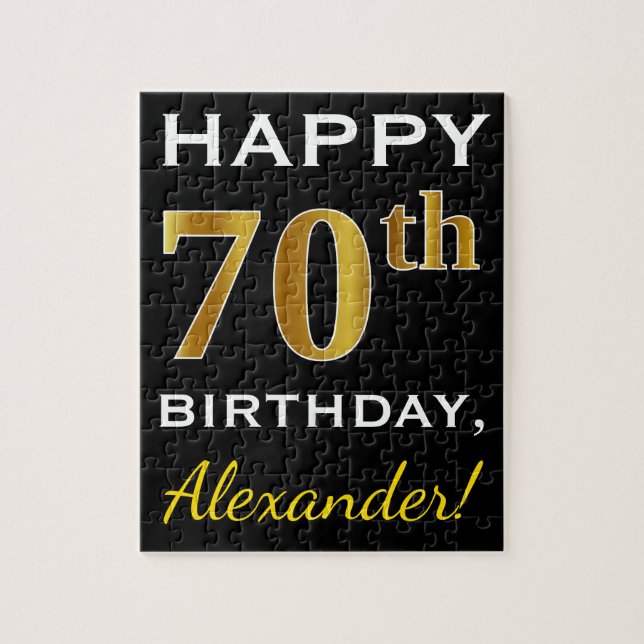 Puzzle Noir, Faux Or 70e anniversaire + Nom personnalisé (Vertical)