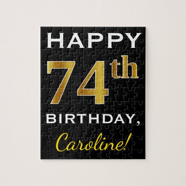 Puzzle Noir, Faux Or 74e anniversaire + Nom personnalisé (Vertical)