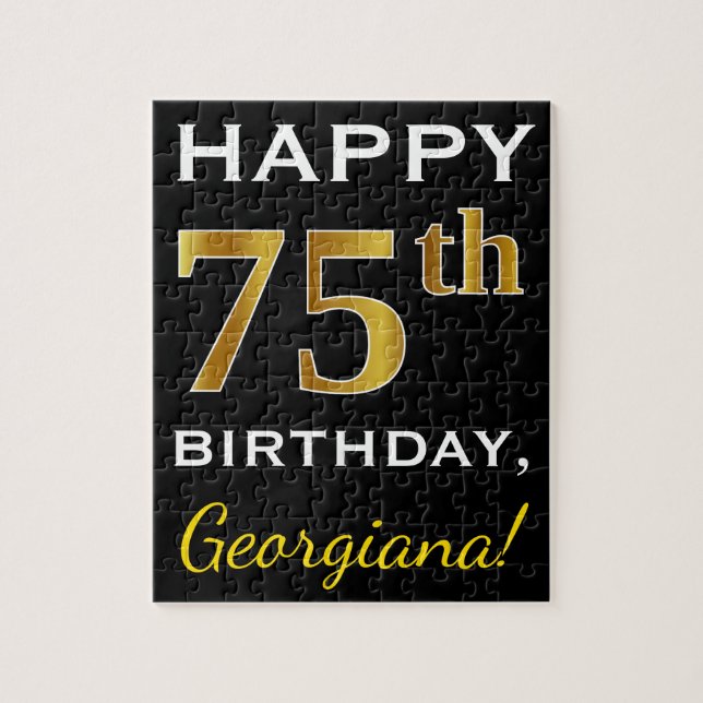 Puzzle Noir, Faux Or 75e anniversaire + Nom personnalisé (Vertical)