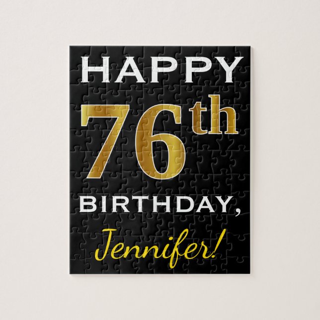Puzzle Noir, Faux Or 76e anniversaire + Nom personnalisé (Vertical)