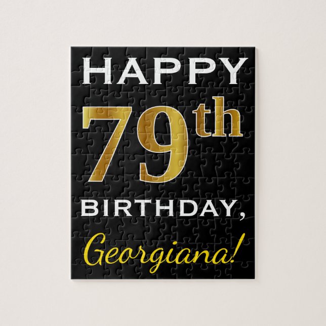 Puzzle Noir, Faux Or 79e anniversaire + Nom personnalisé (Vertical)