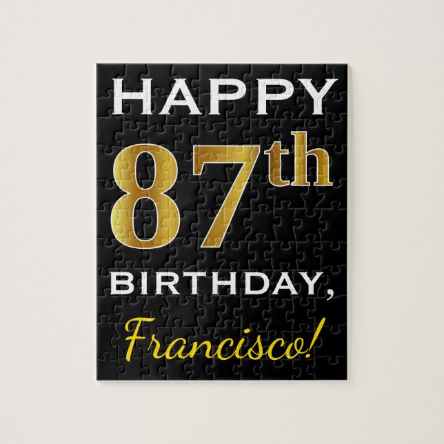 Puzzle Noir, Faux Or 87e anniversaire + Nom personnalisé (Vertical)