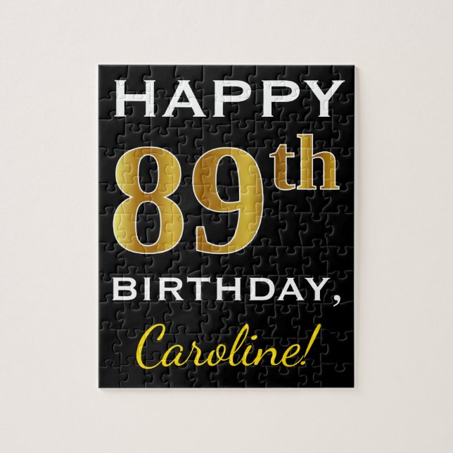 Puzzle Noir, Faux Or 89e anniversaire + Nom personnalisé (Vertical)
