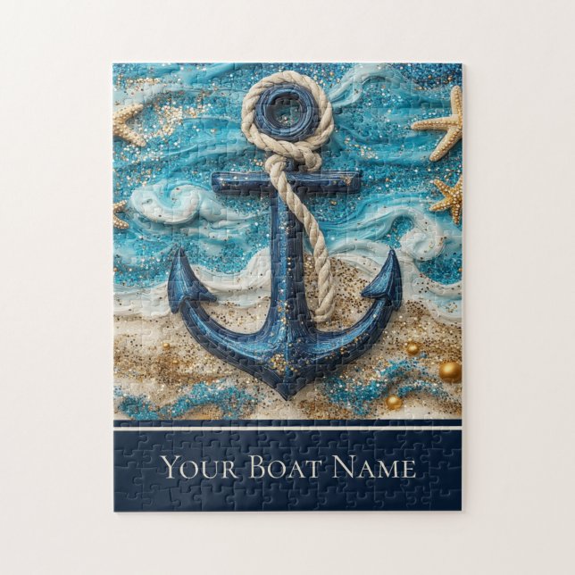 Puzzle Nom de bateau personnalisé Ancre marine nautique (Vertical)