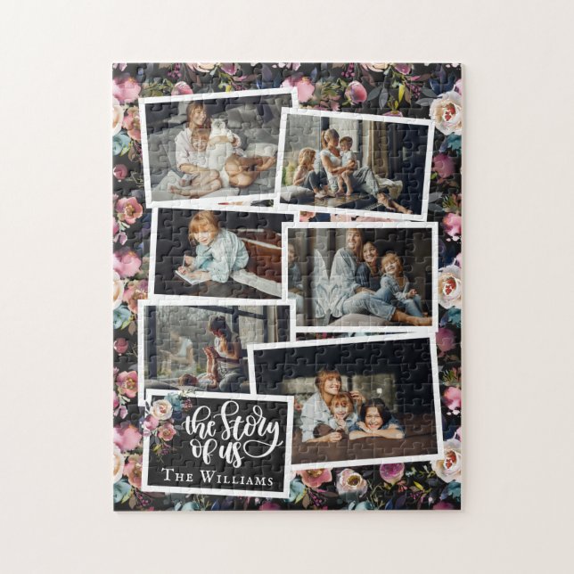 Puzzle Nom de famille Photo Collage | Floral sur noir (Vertical)
